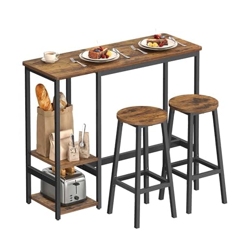 Image of VASAGLE Bar Table Set with 2 Stools, 3-Piece Kitchen Table Set with Storage Shelves, for Living Room, Kitchen, Steel Frame, Easy Assembly, Rustic Brown and Ink Black LBT220KD01