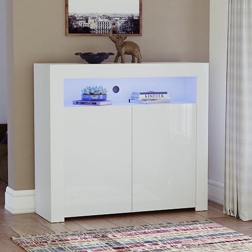 Image of Vida Designs Nova 2 Door Modern LED Sideboard in White, RGB Lights (Fade/Strobe Options Included), High Gloss