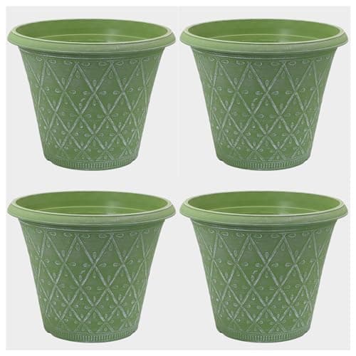 Image of Fyne-Finds Set of 4 Round 30cm, 12inch Garden Plastic Material Plant Pot Moss Green Outdoor Planter Decorative Cover, Drainage Holes, Weather, Frost Proof