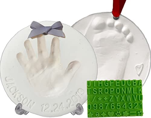 Image of Baby Handprint Keepsake Ornament Kit (Makes 2) - Bonus Customization Tool for Personalized Newborn, Shower, New Mom and Christmas Gifts. Non-Toxic Clay. No Baking.