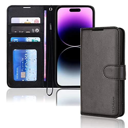 Image of TECHGEAR iPhone 14 Pro Leather Wallet Case, Flip Protective Case Cover with Wallet Card Holder, Stand and Wrist Strap - Black PU Leather with Magnetic Closure Designed for iPhone 14 Pro 6.1"