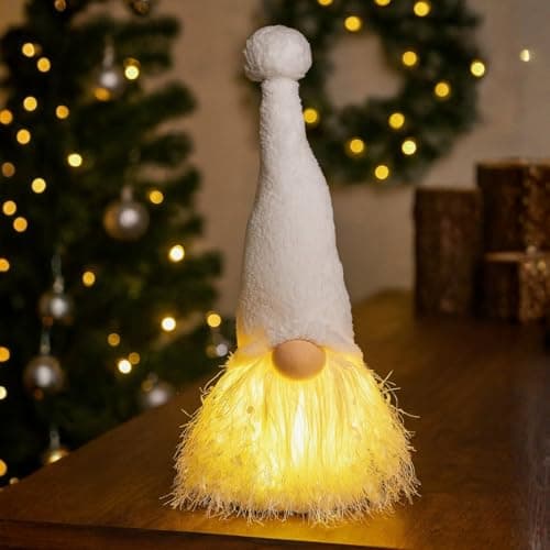 Image of Marco Paul 26cm White LED Christmas Gonk – Soft Plush Light Up Nordic Santa Gnome Ornament - Warm White LED Plush Figure with Timer for Indoor Xmas Décor, Table & Home Display