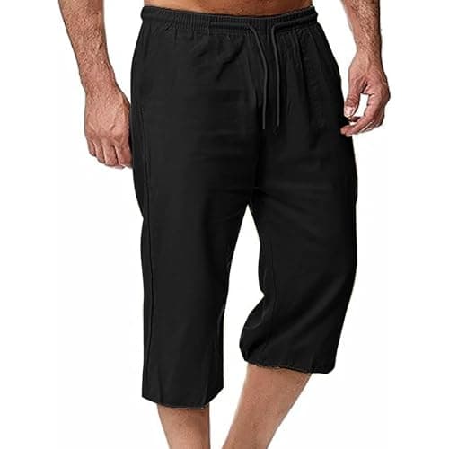 Image of Mens 3/4 Length Shorts Summer Casual Linen Trousers Men Cotton Loose Long Capri Cargo Shorts Three Quarter Length Work Golf Beach Pants with Pockets Elasticated Waist Cropped Trousers Plus Size Black