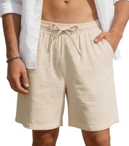 Image of Kids4ever Linen Short for Men Solid Lightweight Shorts with Drawstring Summer Chino Shorts Holiday L Khaki