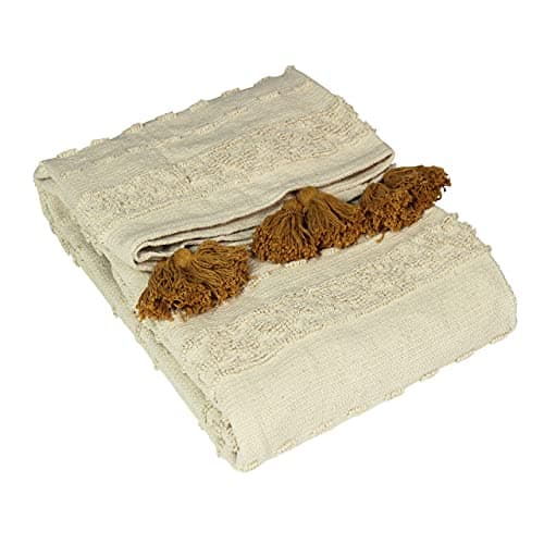 Image of furn. Boho Cotton Tufted Throw – Geometric Pom-Pom Tassel Accent (Ochre – 130x180cm)