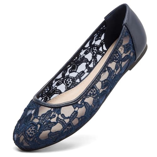 Image of Greatonu Navy Blue Lace Ballet Flats Cut Out Wide Fit Ballerina Pump Shoes 7 UK/40EU