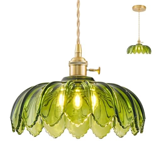 Image of NETHCUEL Glass Kitchen Island Lights, Vintage Brass Pendant Light Fixtures, Adjustable Green Pendant Lights for Kitchen Island for Bedroom Living Room Hallway Dining Room, Light Bulb Not Included