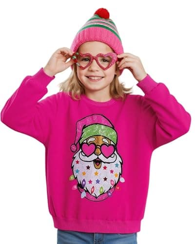 Image of Xumplo Girls Ugly Christmas Jumpers Kids Santa Claus Pattern Xmas Funny Sweatshirts Tweens Festive Tops Pullover 11-12 Years Rose Red
