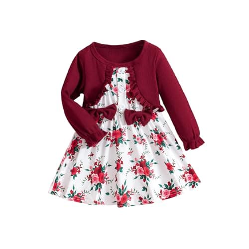 Image of HPSOM Toddler Baby Girl Dresses Ruffles Floral Pattern Tutu Dresses Long Sleeve Cardigan 2-Piece Outfit Set for Newborns Red