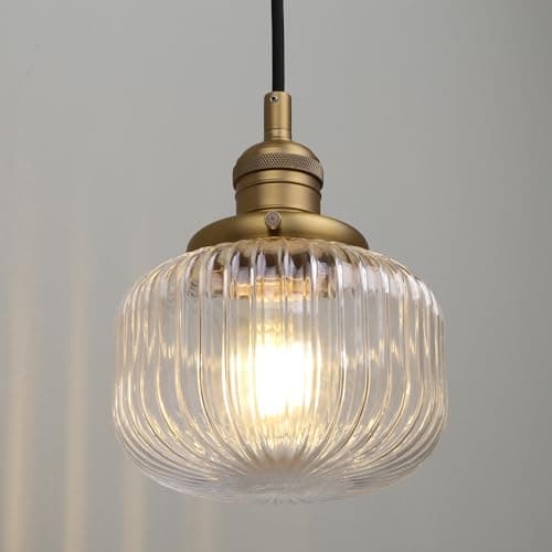 Image of JIMUBEAM Industrial Style Ceiling Pendant Light with Clear Ribbed Glass Lampshade, Retro Rustic Hanging Lamp Fixture for Kitchen Island, Living Room, Bedroom, Hallway