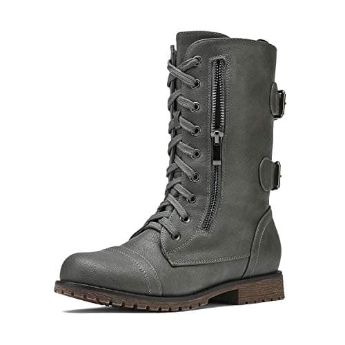 Image of DREAM PAIRS Women's Terran Grey Mid Calf Built-in Wallet Pocket Lace up Military Combat Boots Size 7 US/ 5 UK