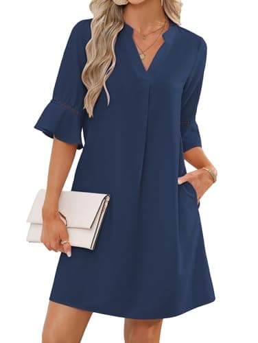 Image of Famulily Womens Summer Casual Mini Dresses V-Neck Puff Sleeve Sundress Solid Swing Short Dress with 2 Pockets Sea Blue S