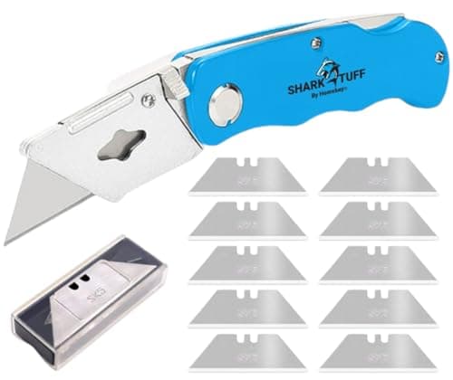 Image of Shark-Tuff® Heavy Duty Folding Utility Knife with 10 Spare SK5 Blades | All Metal Sharp Craft Tradesman Camping Pocket Knife Cardboard Box Cutter with Belt Clip & Safety Lock UK Legal