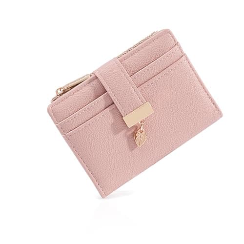 Image of Pomelo Best Women's RFID Wallet - Vegan Leather Bi-fold Small Ladies Purse with Zipper Coin Pocket & ID Window - Leaf Charm Compact Wallet for Women (Blush Pink)
