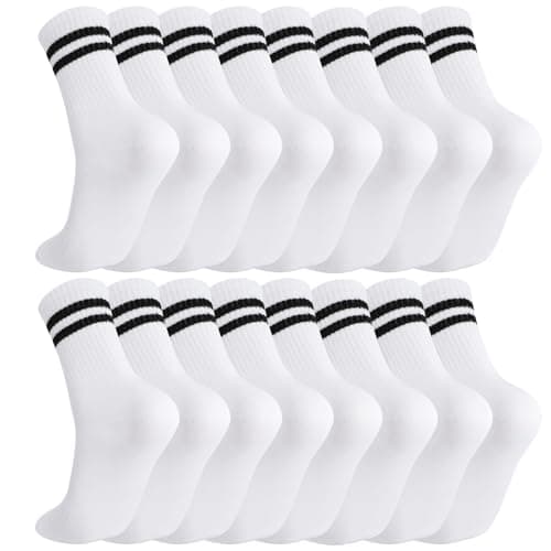 Image of Zuimei 8 Pairs Striped Crew Socks Multipack White Sports Running Socks for Men Women, Soft Breathable Athletic Sock for Work School Casual Walking, Black Stripes