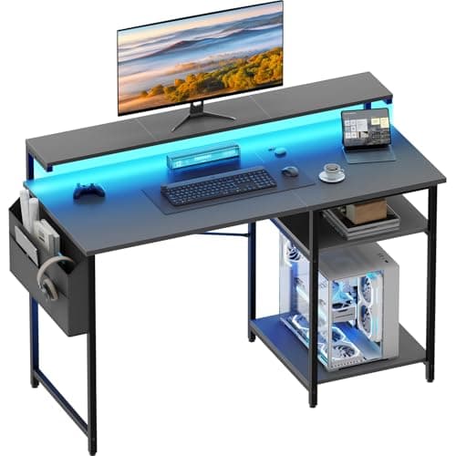 Image of DLONGONE Gaming Desk with LED Lights, Computer Desk with Adjustable Monitor Stand, 120 x 48 cm Gaming Table with Storage Shelves and Storage Bag, PC Desks for Study, Bedroom, Living Room, Grey