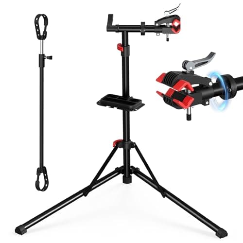 Image of Yigowyigo Bike Repair Stand, Foldable Bike Stand for Maintenance with 360° Rotatable Grip and Quick Release Rod, Tool Tray Included, Height Adjustable 94-157cm Bicycle Workstand Loading Weight 50KG