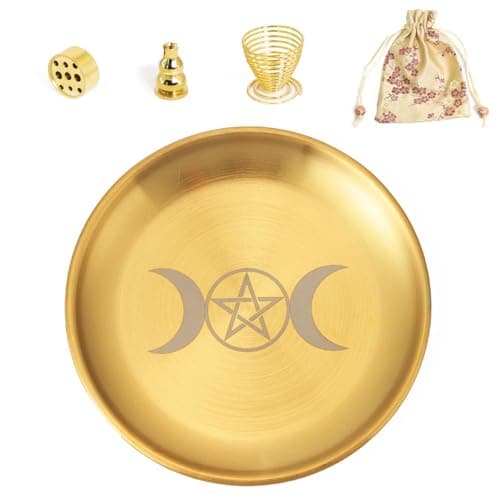 Image of BEYLAB Triple Goddess Brass 5 in 1 Incense Holder with Storage Bag 14cm Incense Bowl for Any Incense Sticks, Palo Santo Holder, White Sage, Cones - Gold Set