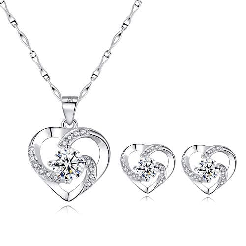 Image of wynn's Silver Jewellery Set for Women, 925 Sterling Silver Heart Stud Earrings, 45cm Silver Necklace Pendant Set with White Cubic Zirconia, Gifts for Girlfriend Mother Wife