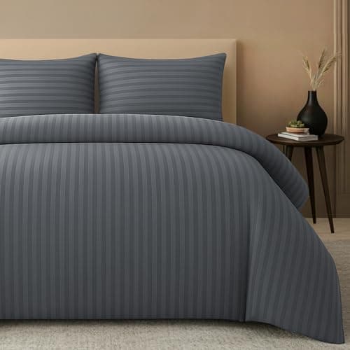 Image of Pamposh Satin Stripe King Size Duvet Cover Sets - Premium Hotel Quality Quilt Cover Bedding Sets - Hypoallergenic Ultra Soft Microfiber Bed Linen