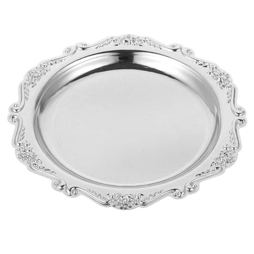 Image of SHINEOFI Elegant Iron Serving Tray, 8' Decorative Dessert Fruit Platter Tray for Home Parties Entertaining Jewelry Dish And Snack Food Display Platter, Silver