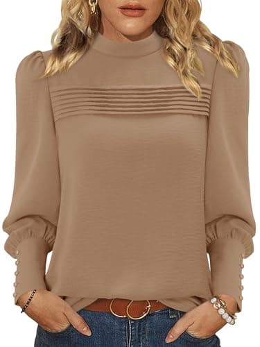 Image of KISSMODA Womens Puff Long Sleeve Mock Neck Blouses Pleated Front Shirts Basic Trendy Dressy Tunic Tops Solid Color Fall Outfits with Button Cuff Khaki