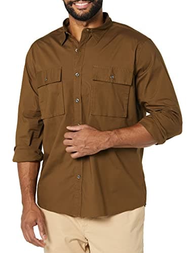 Image of Amazon Essentials Men's Standard-fit Long-Sleeved Two-Pocket Utility Shirt, Dark Olive, XL