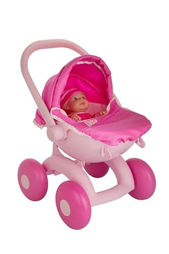 Image of Baby Boo My First 4-in-1 Pram | Toddler’s Baby Doll Pushchair, Carry Cot & Stroller | Toy Pram with Adjustable Features for Dolls up to 36cm – Kids Role Play Buggy (Pink)