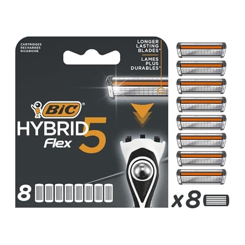 Image of Bic Hybrid 5 Flex Men's Razor Refills with 5 Moveable Nano-Tech Titanium Blades - Box of 8 Cartridges, Black/White