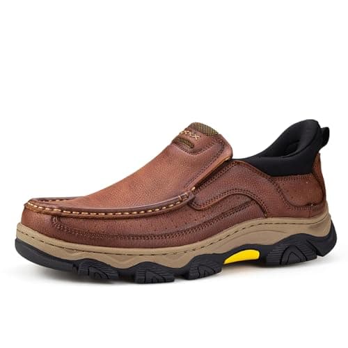 Image of UPIShi Men's Hands Free Slip On Leather Loafers Casual Walking Lightweight Cushioned Comfort Office Business Outdoor Shoes Brown 9