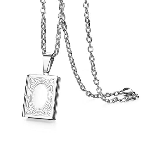 Image of Oidea Retro Locket Necklace for Men Women: Silver Tone Stainless Steel Memory Book Photo Locket Pendant Necklace Flower Pattern Memorial Lockets Jewelry Gift