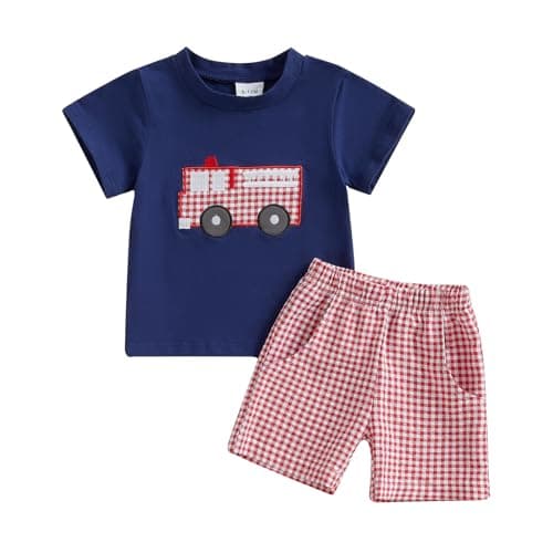 Image of MAHUAOYIXI Toddler Infant Baby Boy Spring Summer Outfit Short Sleeve Cartoon Embroidery T shirt Top and Elastic Waist Shorts 2 Piece Tracksuit Sets Baby Clothes for Little Boys (Red, 18-24 Months)
