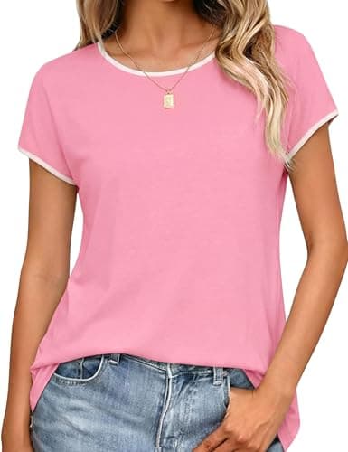 Image of Leversic Casual Women Tops Plain Short Sleeve T-Shirt Crew Neck Regular Fit Summer Tunic Basic Tee (Pink,XL)