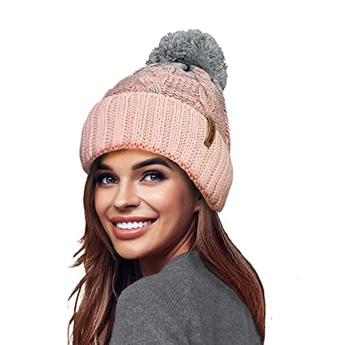 Image of RockJock STORMACTIVE 100% Waterproof Ladies Unisex Chunky Ombre Warm Winter Teddy Fleece Lined Knitted Pompom Beanie Hat-Pink/Grey
