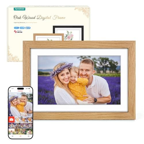 Image of Digital Photo Frame WiFi Oak Wood Frame, Frameo Digital Picture Frame 10.1 Inch, 32GB Memory, 1280 * 800 HD IPS Touchscreen, Auto-Rotate, Share Photos Videos via Frameo APP