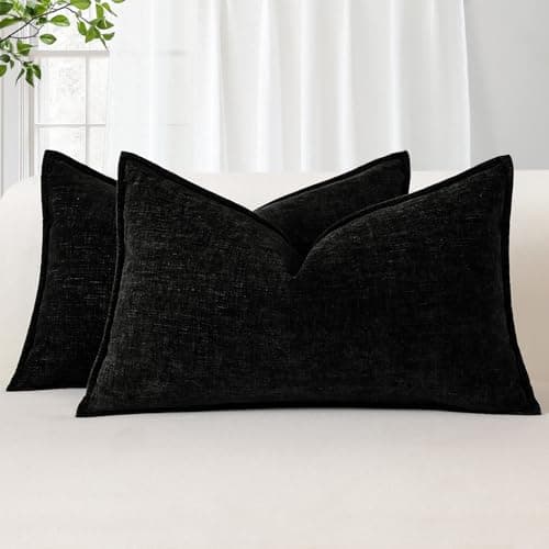 Image of Sungeek Set of 2 Soft Chenille Cushion Covers 30x50cm Lumbar Decorative Throw Pillow Covers with Stitched Edge Solid Dyed Pillow Cases Covers for Home Decor Couch Sofa Bed Living Room, Black