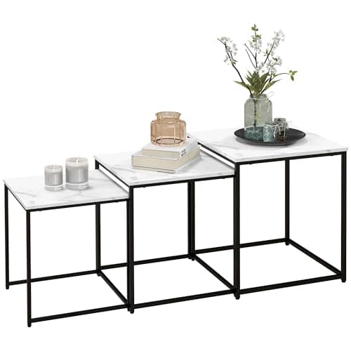 Image of HOMCOM Nesting Tables Set of 3, Faux Marble Effect Side End Table with Steel Legs for Living Room, Bedroom, White