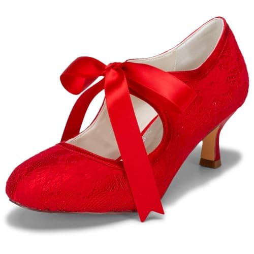 Image of JIAJIA 140311 Bridal Lace Satin Low Heel Closed Toe Prom Party Dance Wedding Shoes Color Red,Size 5.5 UK / 39 EU