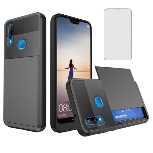 Image of Asuwish Phone Case for Huawei P20 Lite with Tempered Glass Screen Protector Cover and Card Holder Hybrid Full Body Protective Shockproof Cell Accessories Hawaii P20lite P 20 Nova 3E Women Men Grey