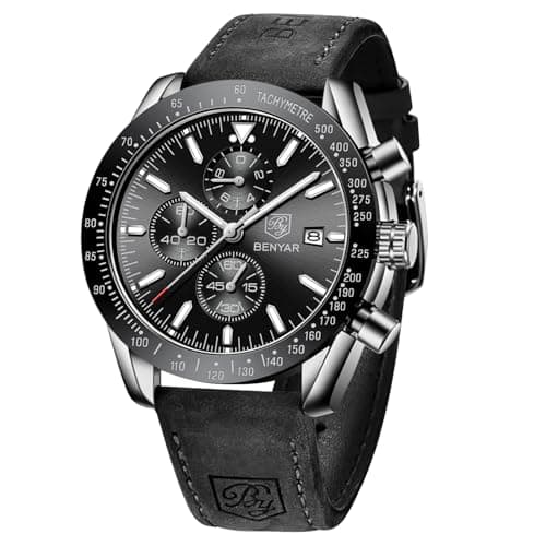 Image of BENYAR Watch for Men Analog Quartz Chronograph Waterproof Luminous Designer Big Face Mens Wrist Watches Business Sport Casual Dress Elegant Gifts for Men,Black Silver Black