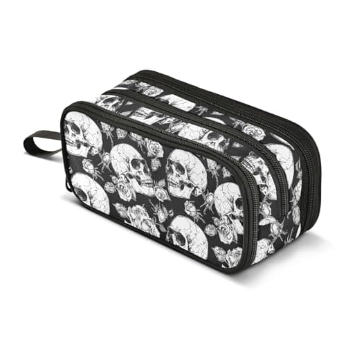 Image of Large Pencil Case, Big Capacity Pencil Bag Pen Pouch Holder 3 Compartments, Gothic Skulls and Flowers School Office Supplies Stationery Makeup Bag Storage Organizer for Students Girls Boys Women Men