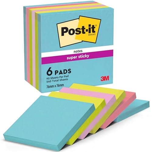 Image of Post-it Super Sticky Notes, 540 Sheets, Pack of 6 Pads, 76 mm x 76 mm - Holds Strong to Many Surfaces - Bright Colours - for Walls, Monitors and Fridge, Recycable