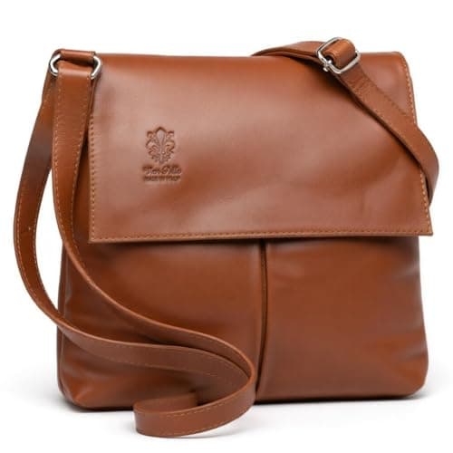 Image of LeahWard Women's Italian Genuine Soft Leather Cross Body Bags Quality Double Pocket Messenger Shoulder Handbag (Tan)