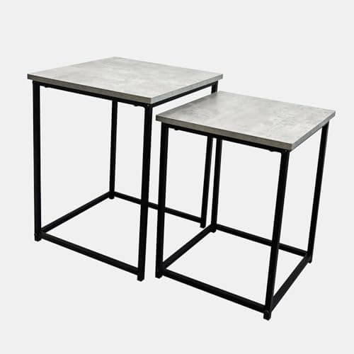 Image of OHS 2 Nest of Tables Wooden Coffee Tables For Living Room, Modern Square Side Table Decorative Bedside Table with Sturdy Metal Frame Easy Assembly, Grey
