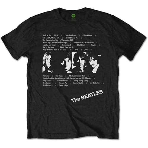 Image of Unknown Men's The Beatles White Album Tracks (Back Print) T Shirt, Black (Black Black), L UK