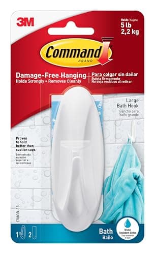Image of Command 17083B Large Hook with Water Resistant Strips (Pack of 2, 1 Hook and 2 Large Adhesive Strips Each)