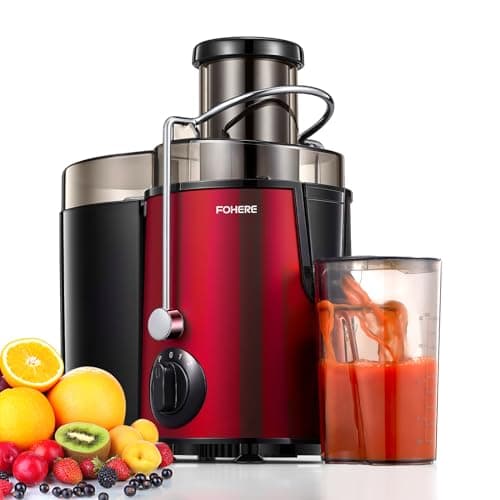 Image of Juicer Machines, FOHERE Centrifugal Juicer Extractor Max Power 900W with Large 3” Feed Chute for Whole Fruit and Vegetables, Easy to Clean, 3 Speed Control, Cleaning Brush and Recipe Included, Red