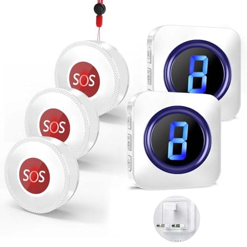 Image of Wireless Caregiver Pager, Panic Alarm Button for Elderly, 3 SOS Call Button with 1,000ft Long Range Buzzer Call Bell with Mute Mode 55 Chimes 5 Volumes Levels LED Flash with 2 Plug in Receivers