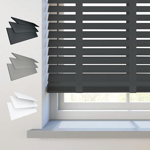 Image of REHAN & CO Faux wood window Venetian Blinds 50mm Slats with String/Tape Blinds Aluminium Headrail Trimmable Child Safe Home Office Window Blind (Charcoal Tape, 45Wcm x 150Hcm)