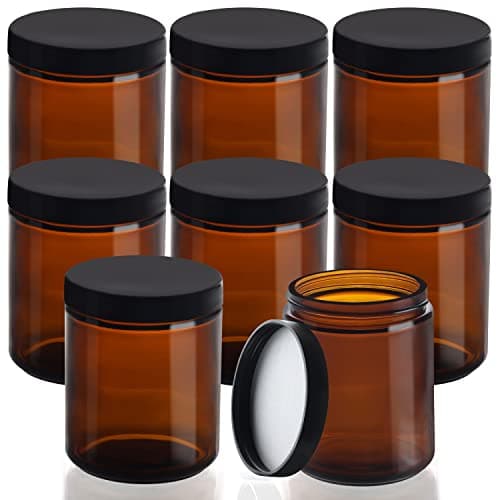 Image of BELLE VOUS 8 Pack Round Amber Glass Jars - 240ml / 8 oz - Empty Refillable Containers with Black Screw-On Lids - Pot for Cosmetic Storage, Lotion, Face Cream, Essential Oils, Ointment, and Makeup